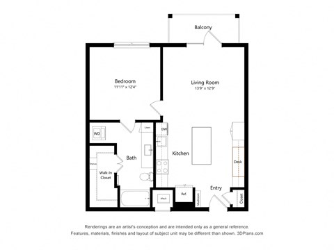Floor plan for 1 bed, 1 bath, 851 sqft